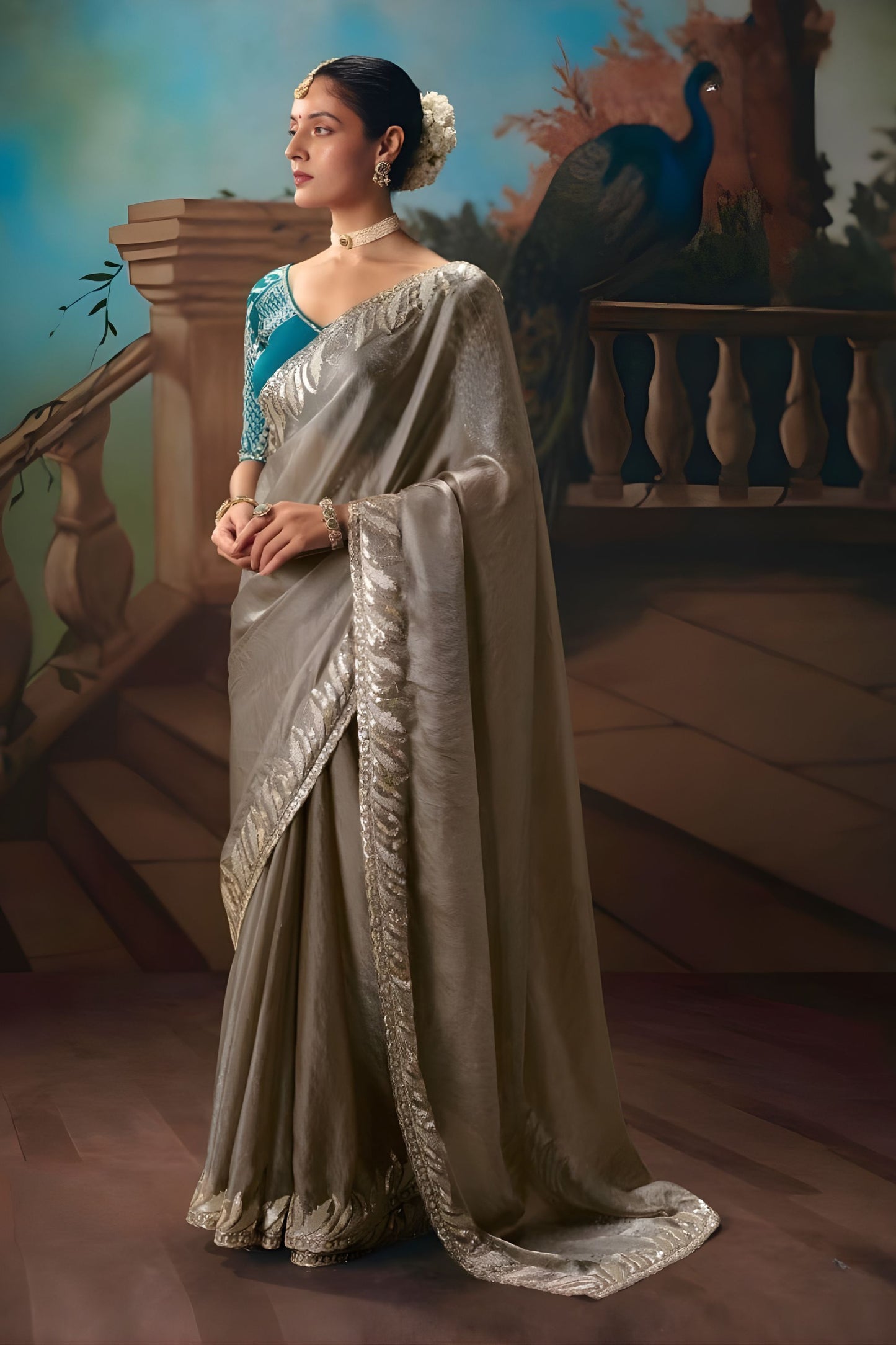 Grey Designer Saree with Silver Zari Border Teal Blue Blouse 