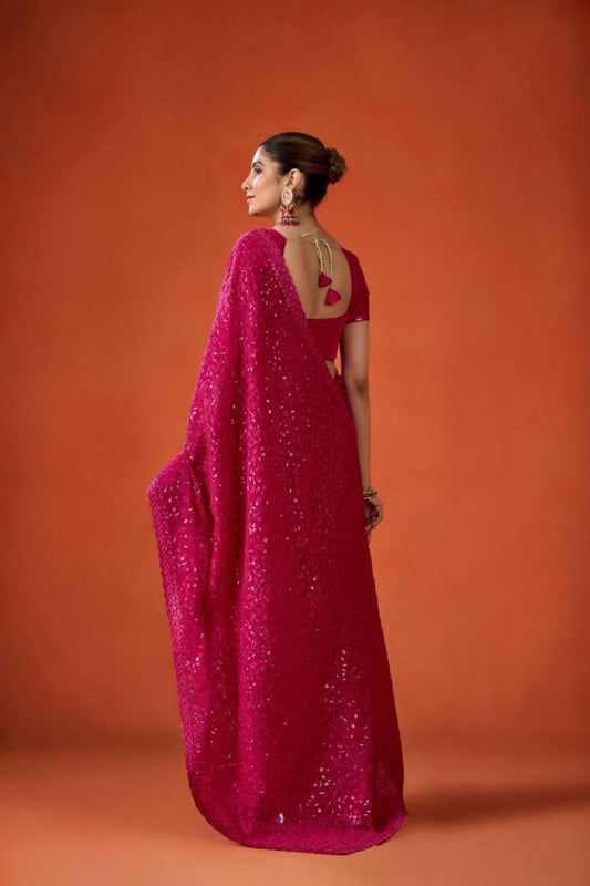 Rani Pink Embroidered Saree with Matching Blouse Party Wear Saree