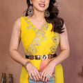 Yellow and Peach Georgette Saree Embroidered Border Work