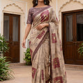 Beige Floral Printed Linen Silk Saree with Mauve Border