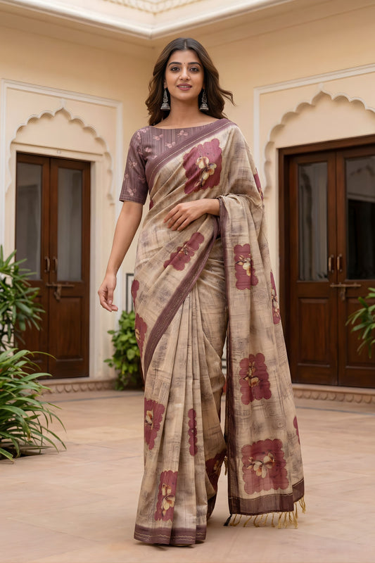 Beige Floral Printed Linen Silk Saree with Mauve Border