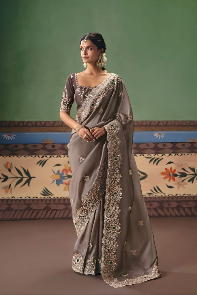 Grey Designer Silk Saree with Heavy Embroidery Border