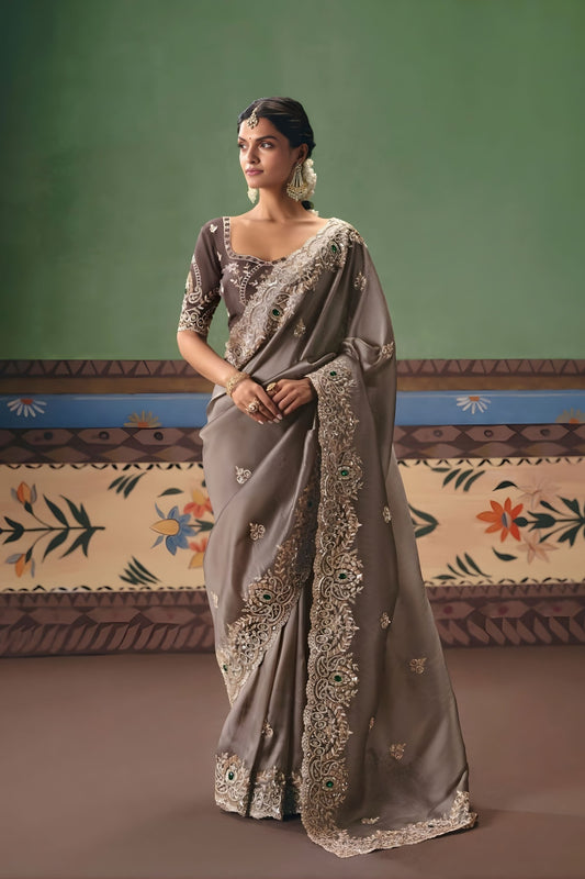 Grey Designer Silk Saree with Heavy Embroidery Border