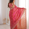 Designer Rani Pink Organza Silk Party Wear Saree with Embroidered Blouse
