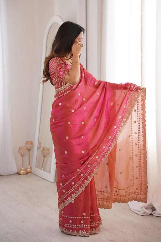 Designer Rani Pink Organza Silk Party Wear Saree with Embroidered Blouse
