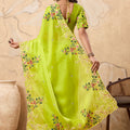 Lime Green Embroidered Saree with Floral Thread Work Elegant Border