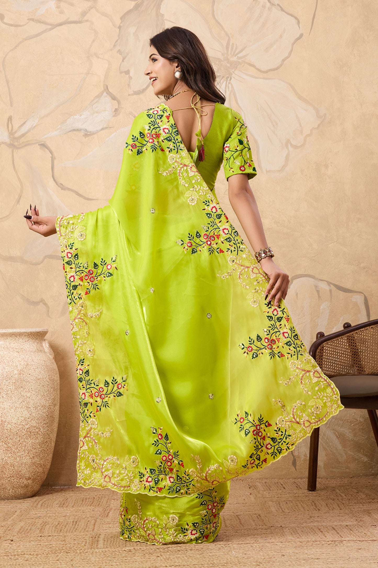 Lime Green Embroidered Saree with Floral Thread Work Elegant Border