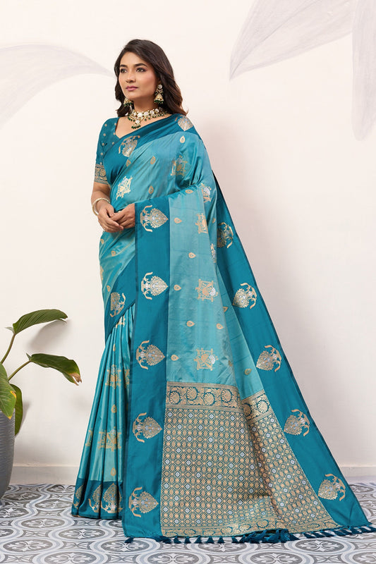 Teal Blue Kanjivaram Silk Saree with Rich Gold Zari Border 