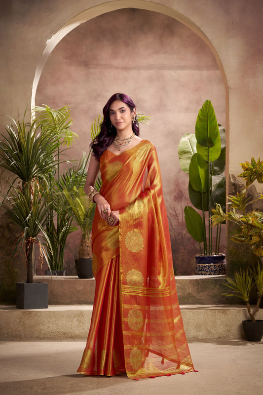 Traditional Orange Banarasi Silk Saree with Golden Zari  Festive Wear Saree