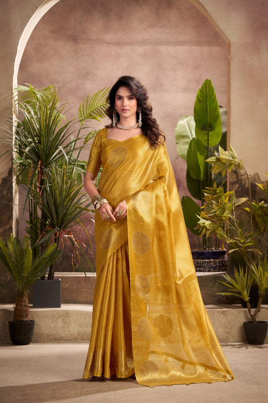 Golden Banarasi Silk Saree with Zari Weaving Festive Wear