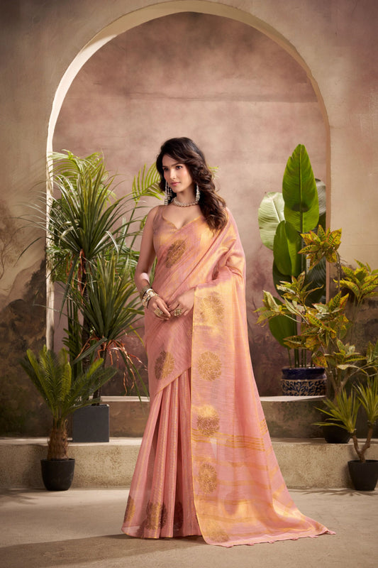 Elegant Pink Banarasi Silk Saree with Golden Zari  Festive Wear