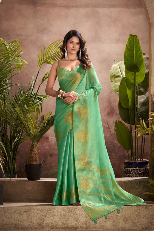 Elegant Green Banarasi Silk Saree with Golden Zari Festive Wear