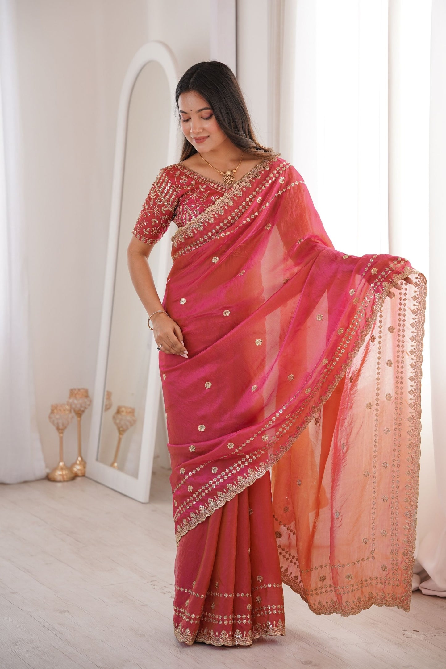 Designer Rani Pink Organza Silk Party Wear Saree with Embroidered Blouse