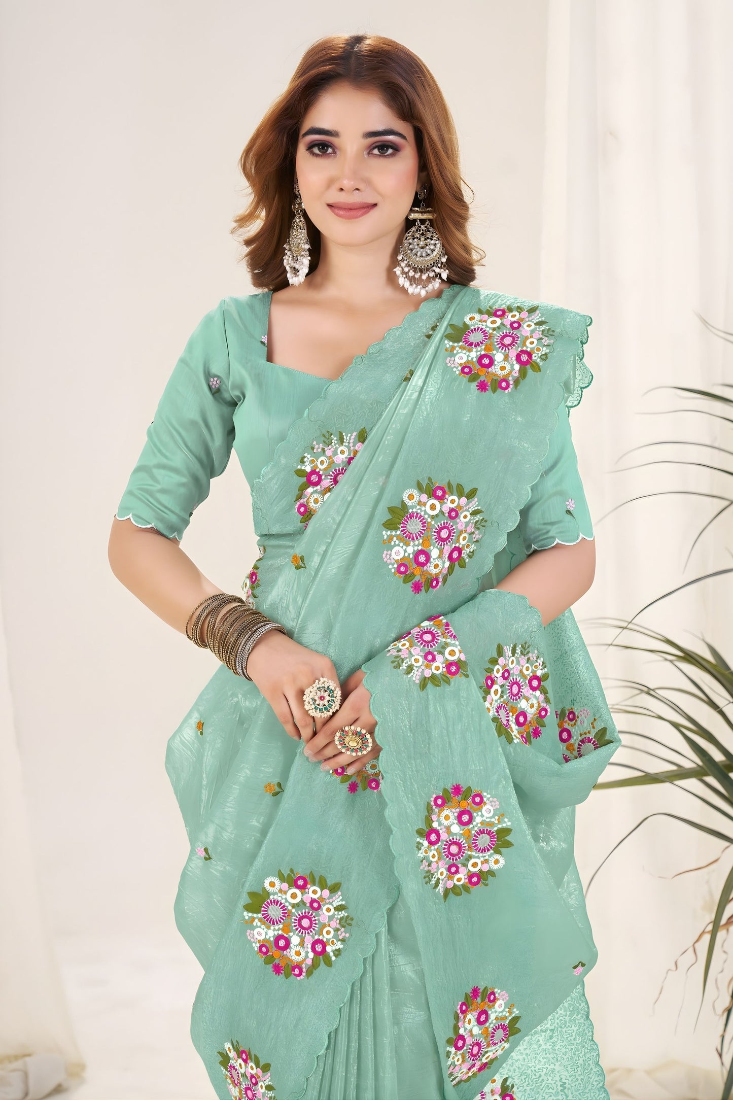 Mint Green Organza Saree Floral Embroidery Work Designer Blouse