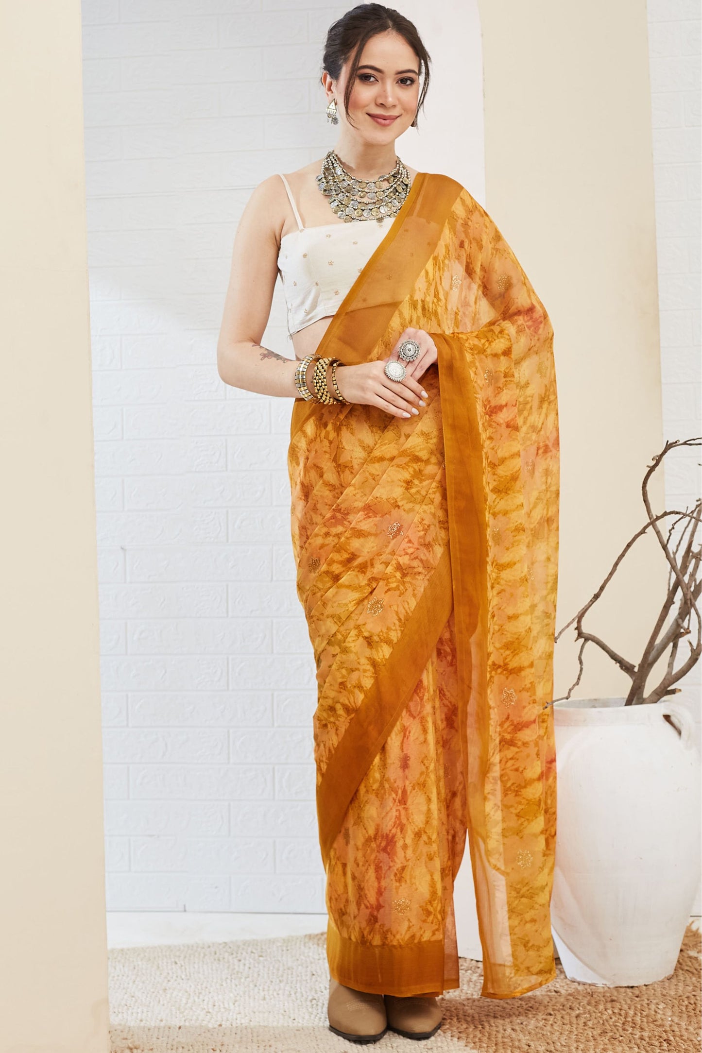 
Mustard Yellow Floral Printed Designer Saree with Contrast Border
