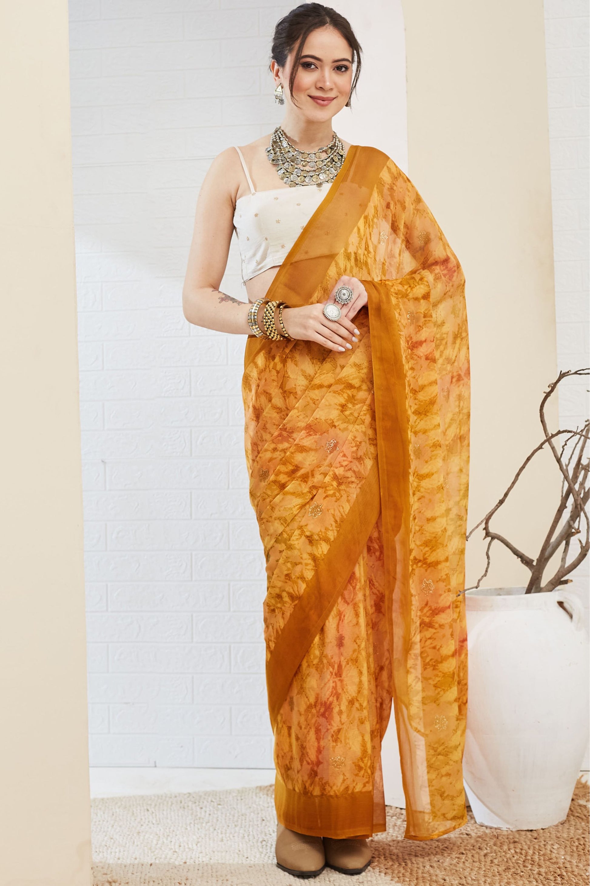 
Mustard Yellow Floral Printed Designer Saree with Contrast Border
