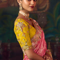 Pink Banarasi Silk Saree with Golden Zari Contrast Yellow Blouse