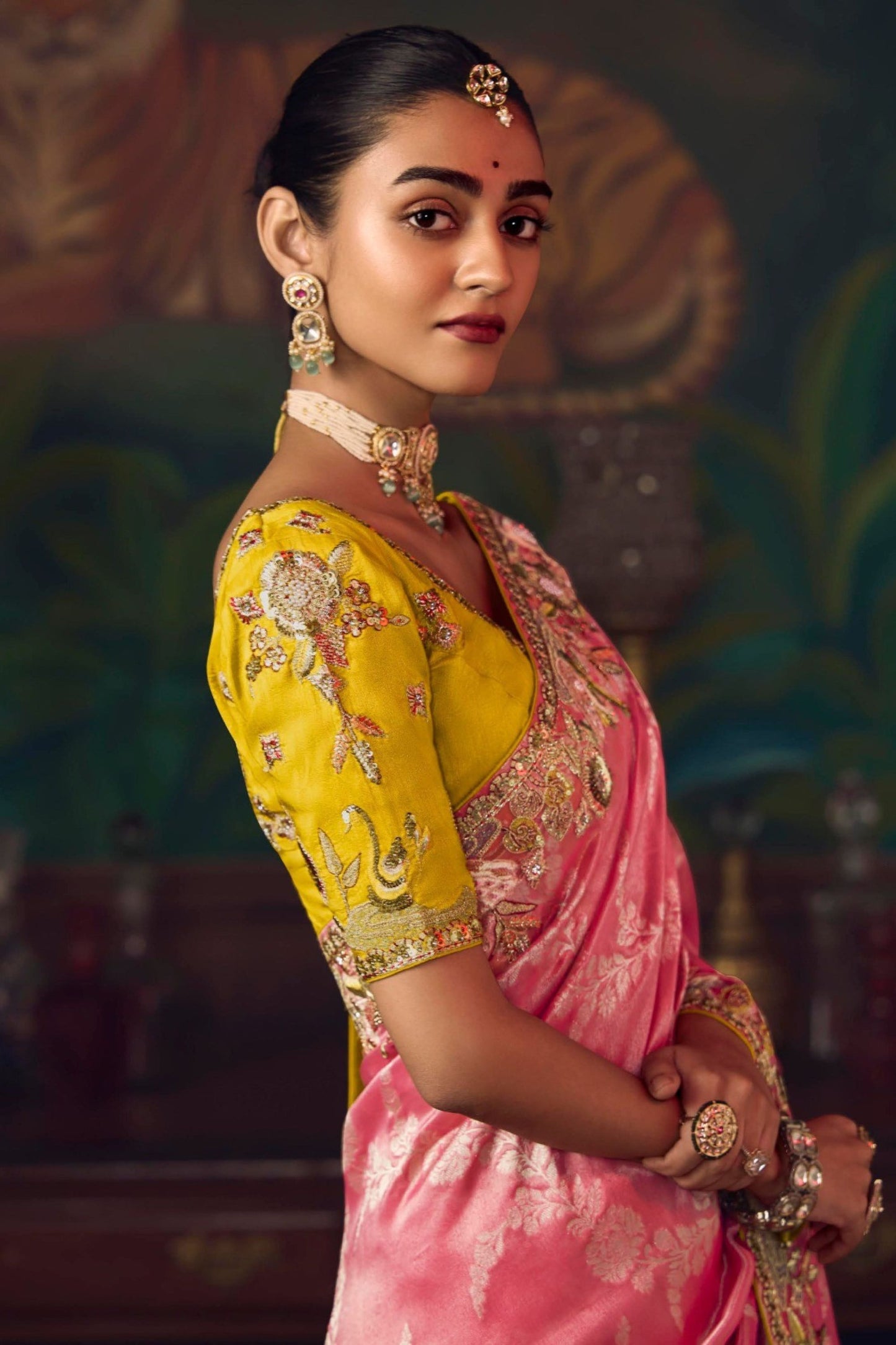 Pink Banarasi Silk Saree with Golden Zari Contrast Yellow Blouse