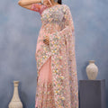 Peach Pink Floral Embroidered Net Saree with Designer Border