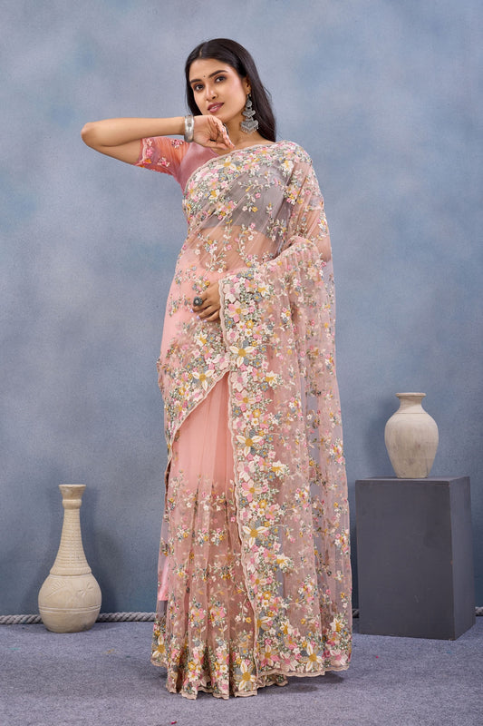 Peach Pink Floral Embroidered Net Saree with Designer Border