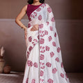 White Organza Saree Maroon Elephant Motif Print Embroidered Border