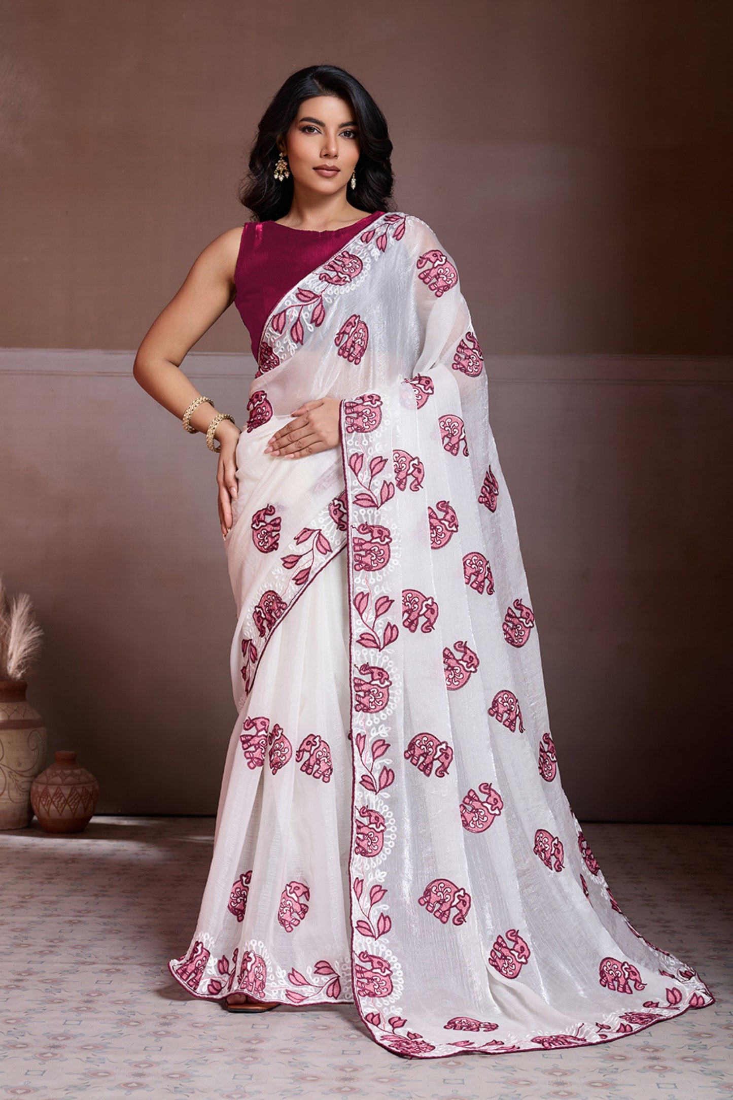 White Organza Saree Maroon Elephant Motif Print Embroidered Border