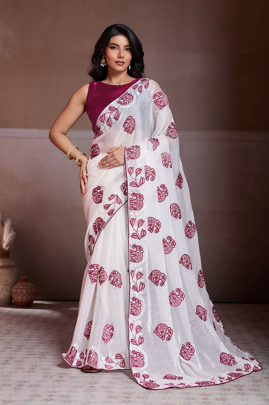White Organza Saree Maroon Elephant Motif Print Embroidered Border