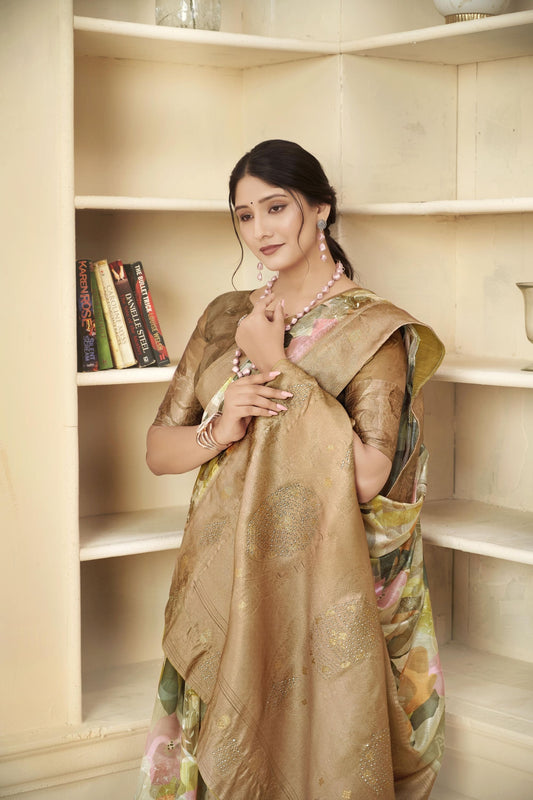 Royal Brown Linen Silk Saree with Abstract Floral Print and Subtle Zari Detailing