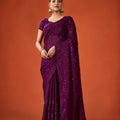 Wine Purple Embroidered Saree with Matching Blouse Party Wear Saree