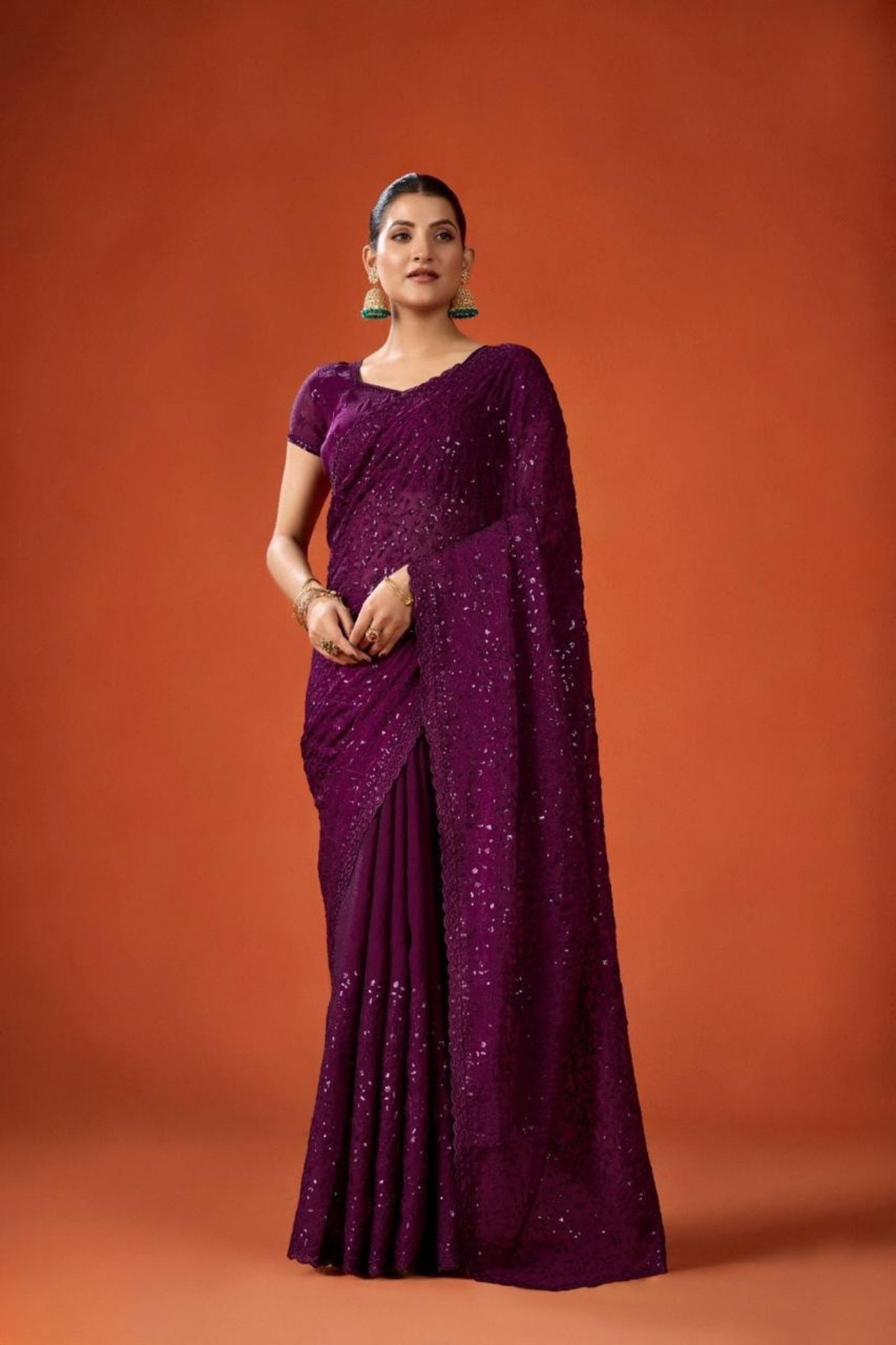 Wine Purple Embroidered Saree with Matching Blouse Party Wear Saree