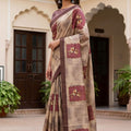 Beige Floral Printed Linen Silk Saree with Mauve Border