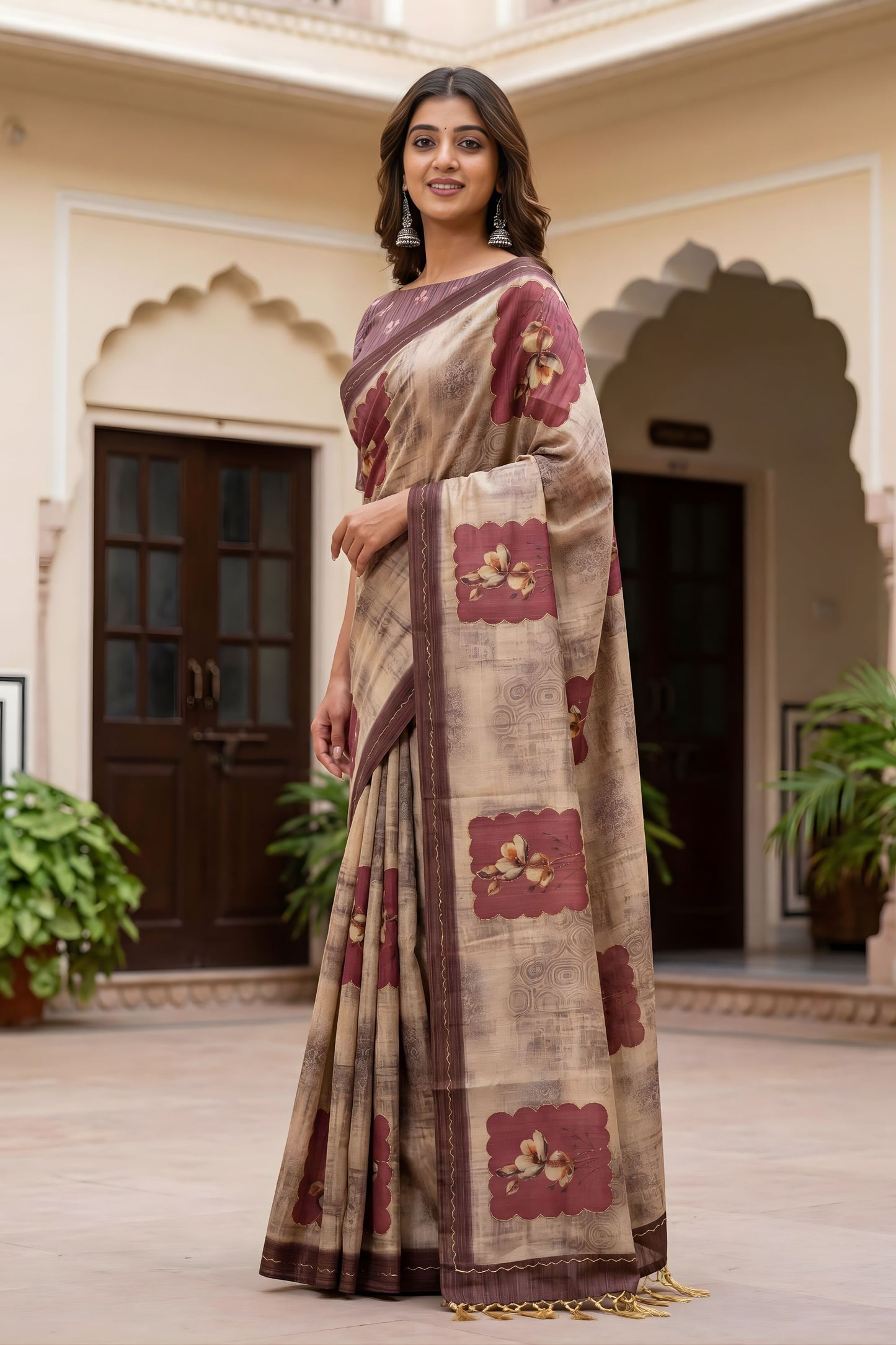 Beige Floral Printed Linen Silk Saree with Mauve Border