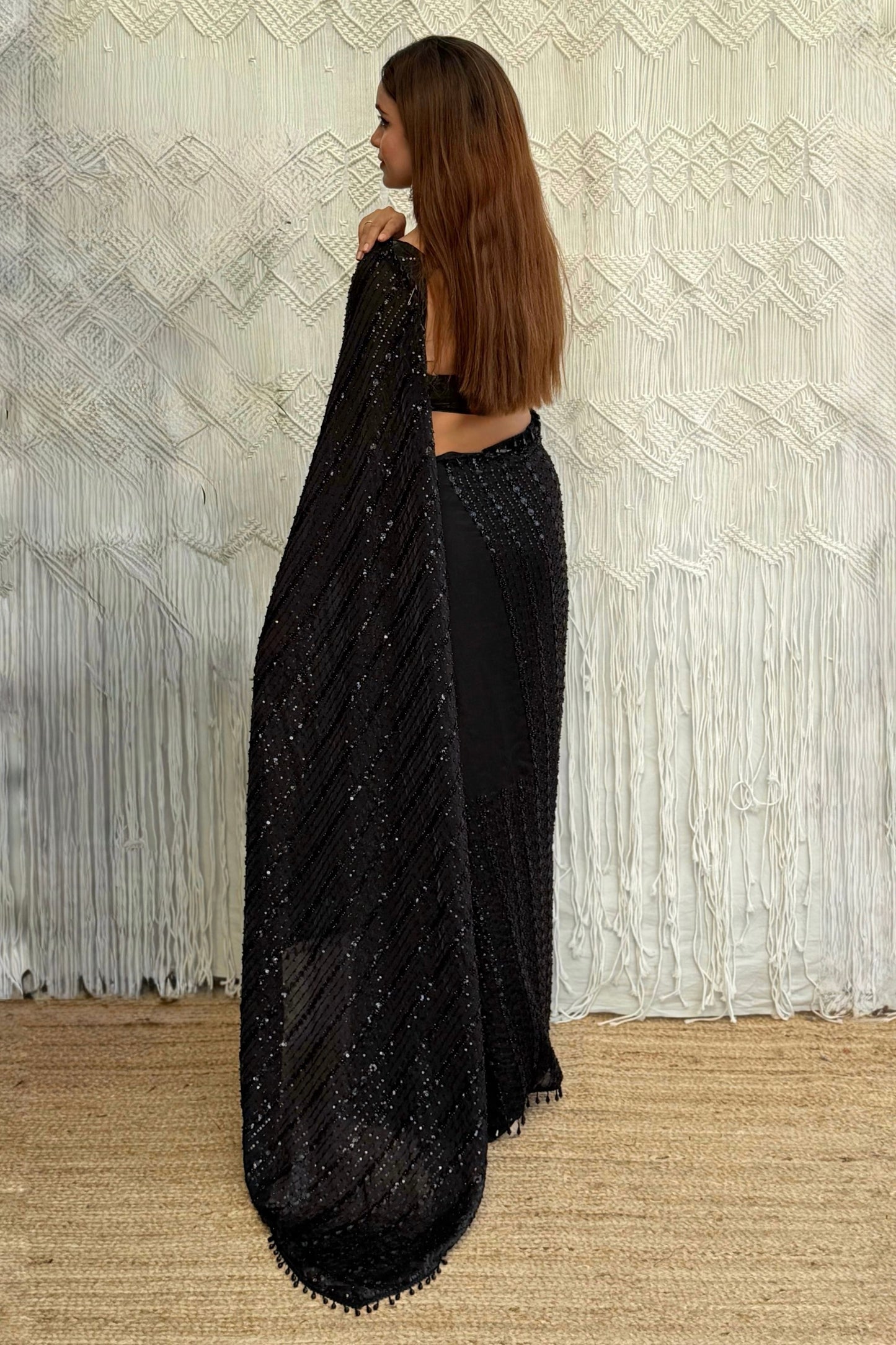 Luxury Black Georgette Sequins Embroidered Saree Designer Cut Sleeve Blouse
