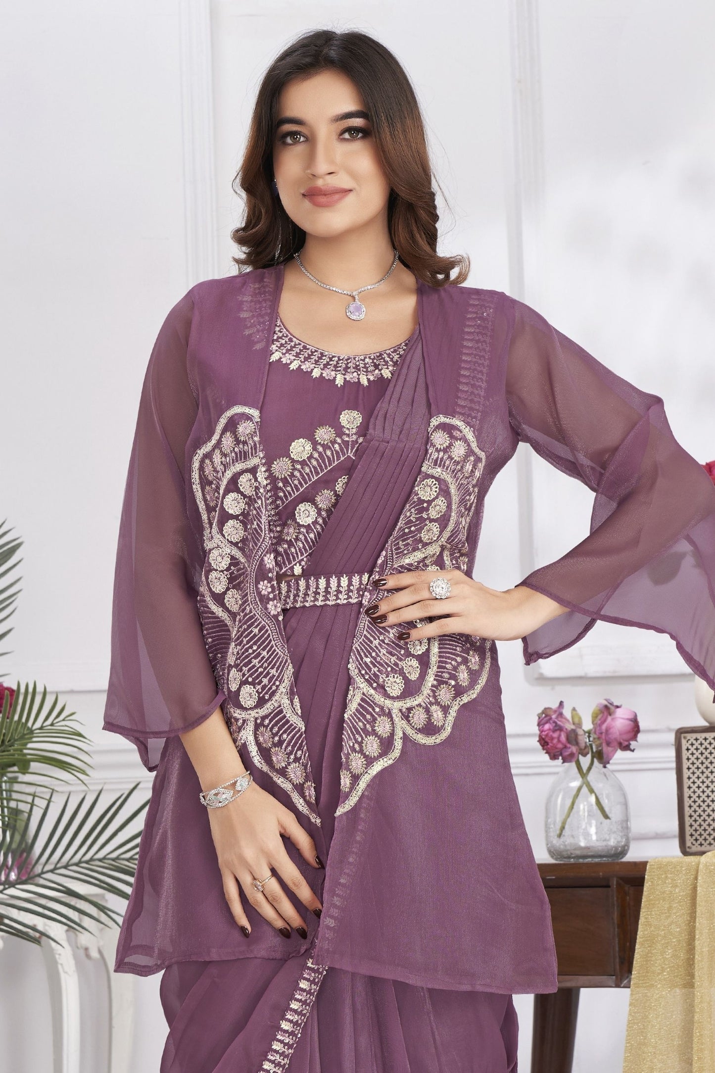 Stylish Mauve Designer Saree with Embroidered Shrug Sequins Blouse