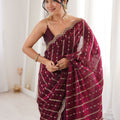 Wine Maroon Organza Silk Saree Golden Zari Embroidery Designer Blouse