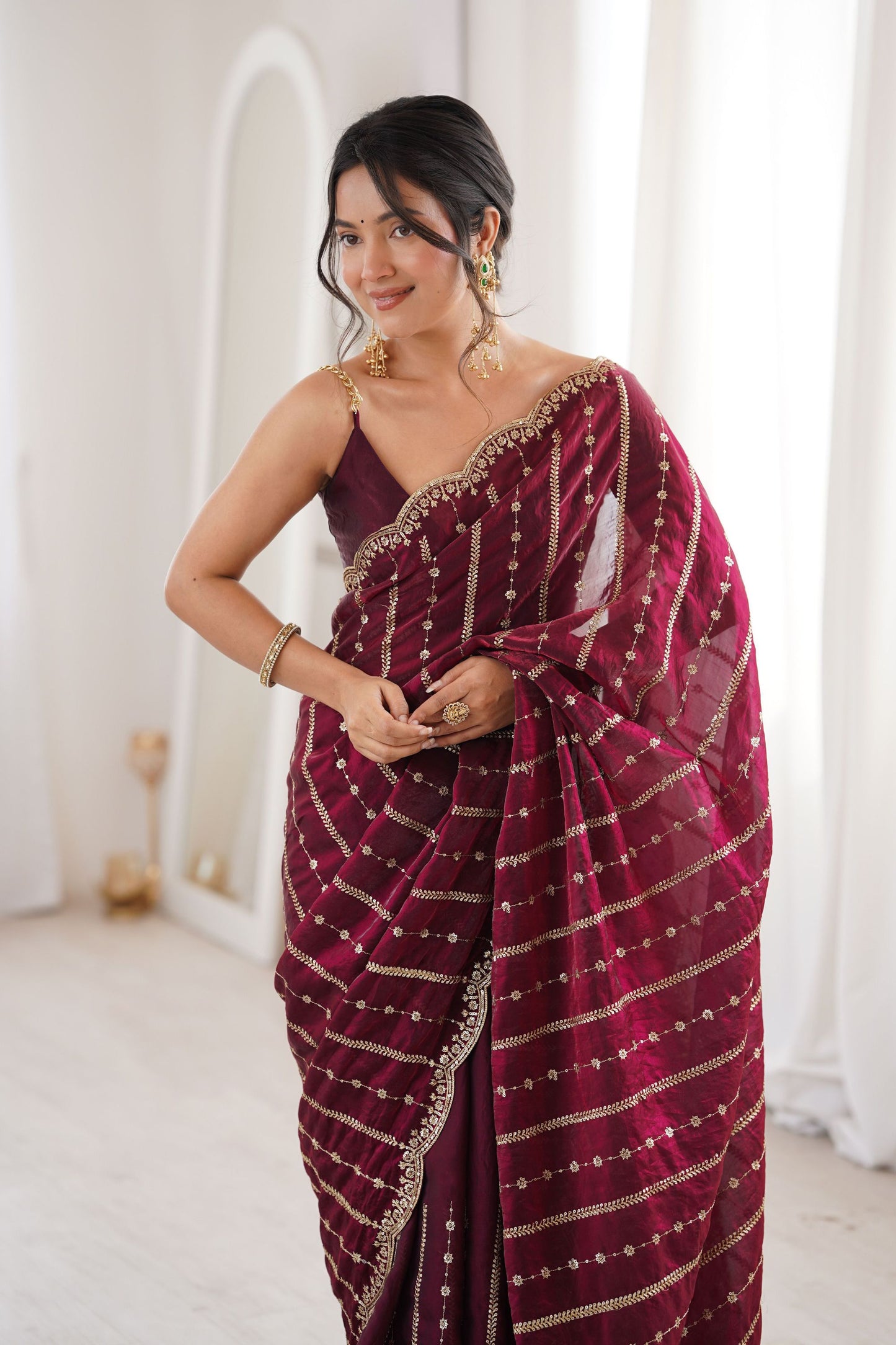 Wine Maroon Organza Silk Saree Golden Zari Embroidery Designer Blouse