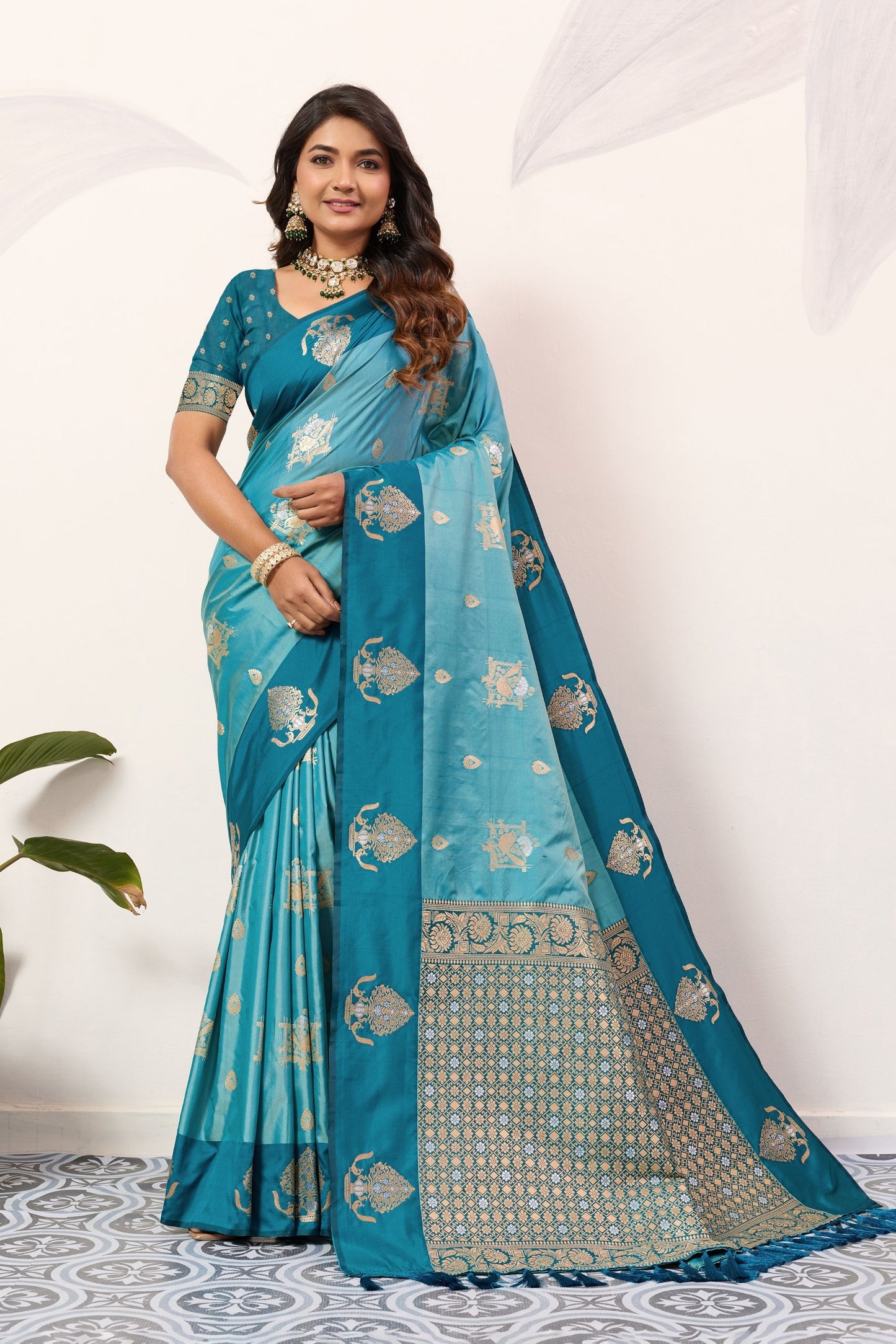 Teal Blue Kanjivaram Silk Saree with Rich Gold Zari Border