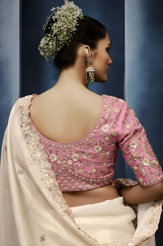 Luxury Off White Embroidered Saree with Designer Blouse