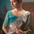 Grey Designer Saree with Silver Zari Border Teal Blue Blouse