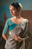 Grey Designer Saree with Silver Zari Border Teal Blue Blouse