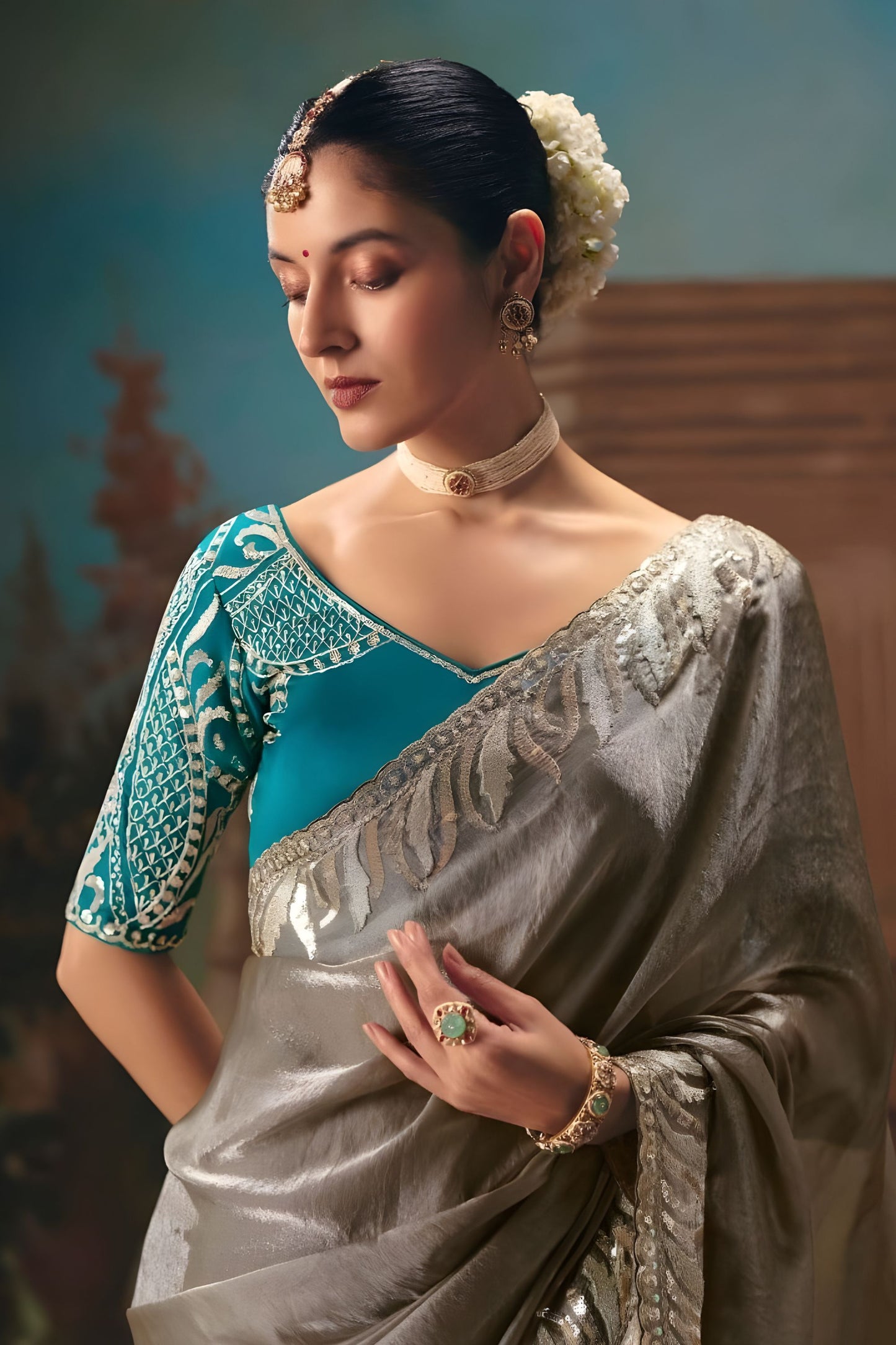 Grey Designer Saree with Silver Zari Border Teal Blue Blouse