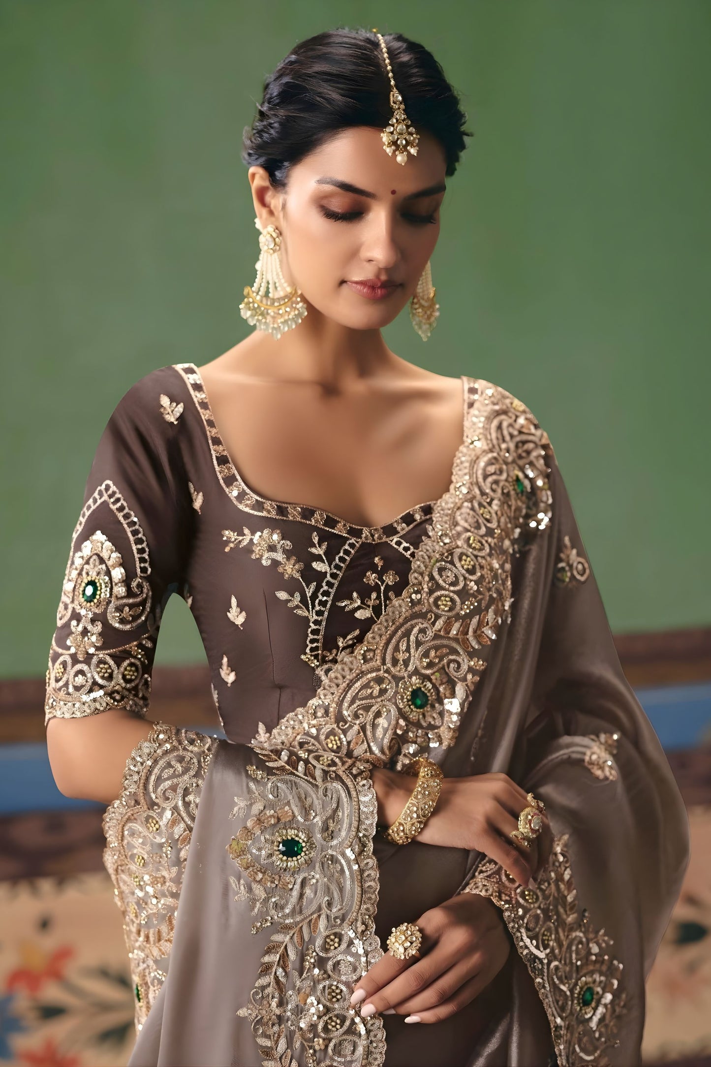 Grey Designer Silk Saree with Heavy Embroidery Border