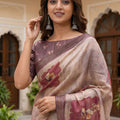 Beige Floral Printed Linen Silk Saree with Mauve Border