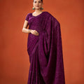 Wine Purple Embroidered Saree with Matching Blouse Party Wear Saree