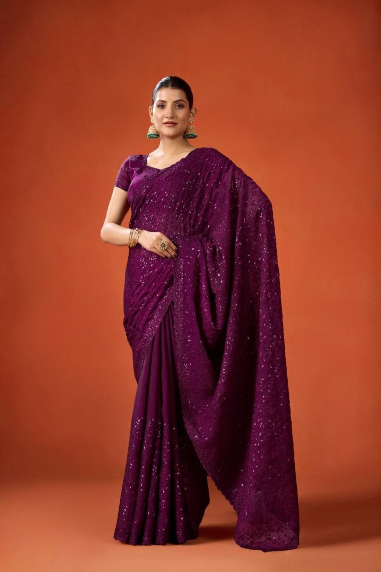 Wine Purple Embroidered Saree with Matching Blouse Party Wear Saree