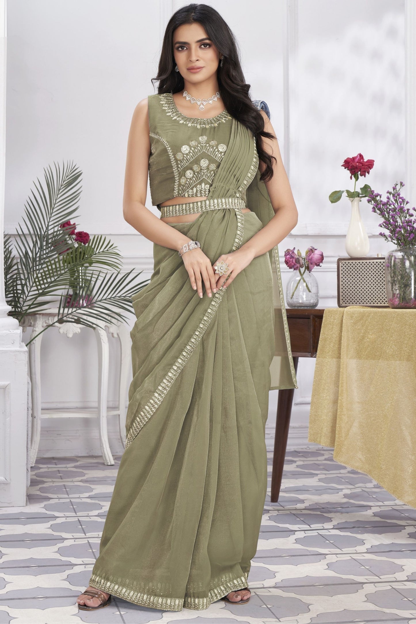 Elegant Olive Green Designer Saree with Embroidered Blouse