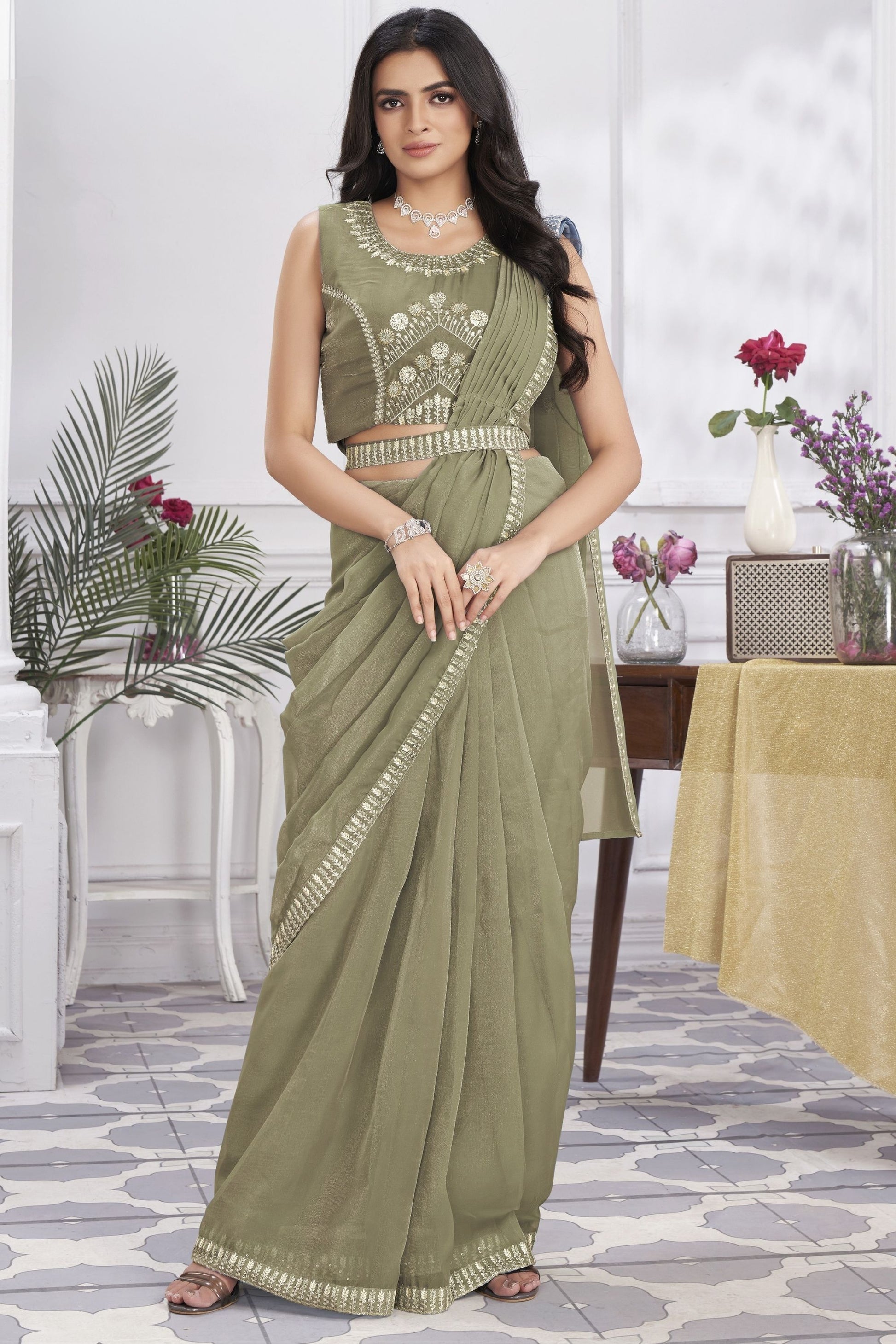 Elegant Olive Green Designer Saree with Embroidered Blouse
