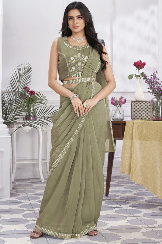 Elegant Olive Green Designer Saree with Embroidered Blouse