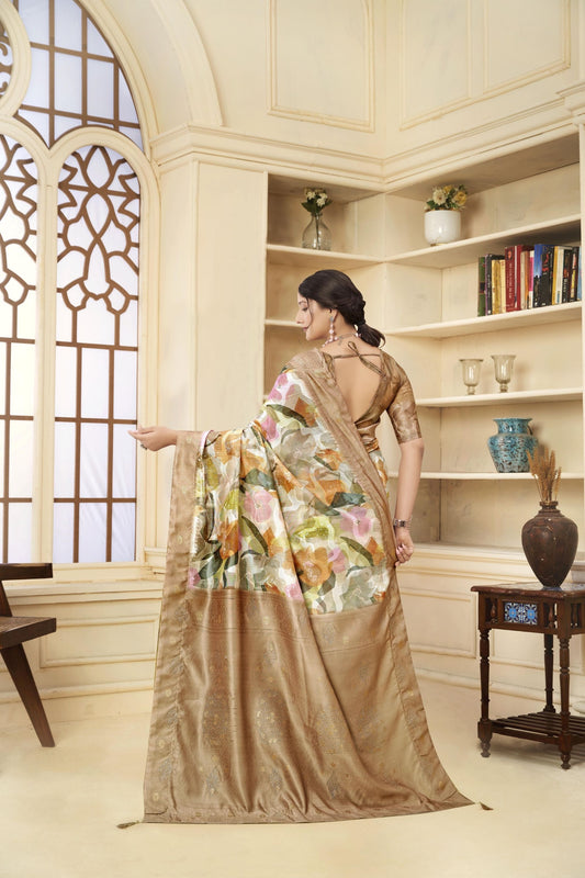 Royal Brown Linen Silk Saree with Abstract Floral Print and Subtle Zari Detailing