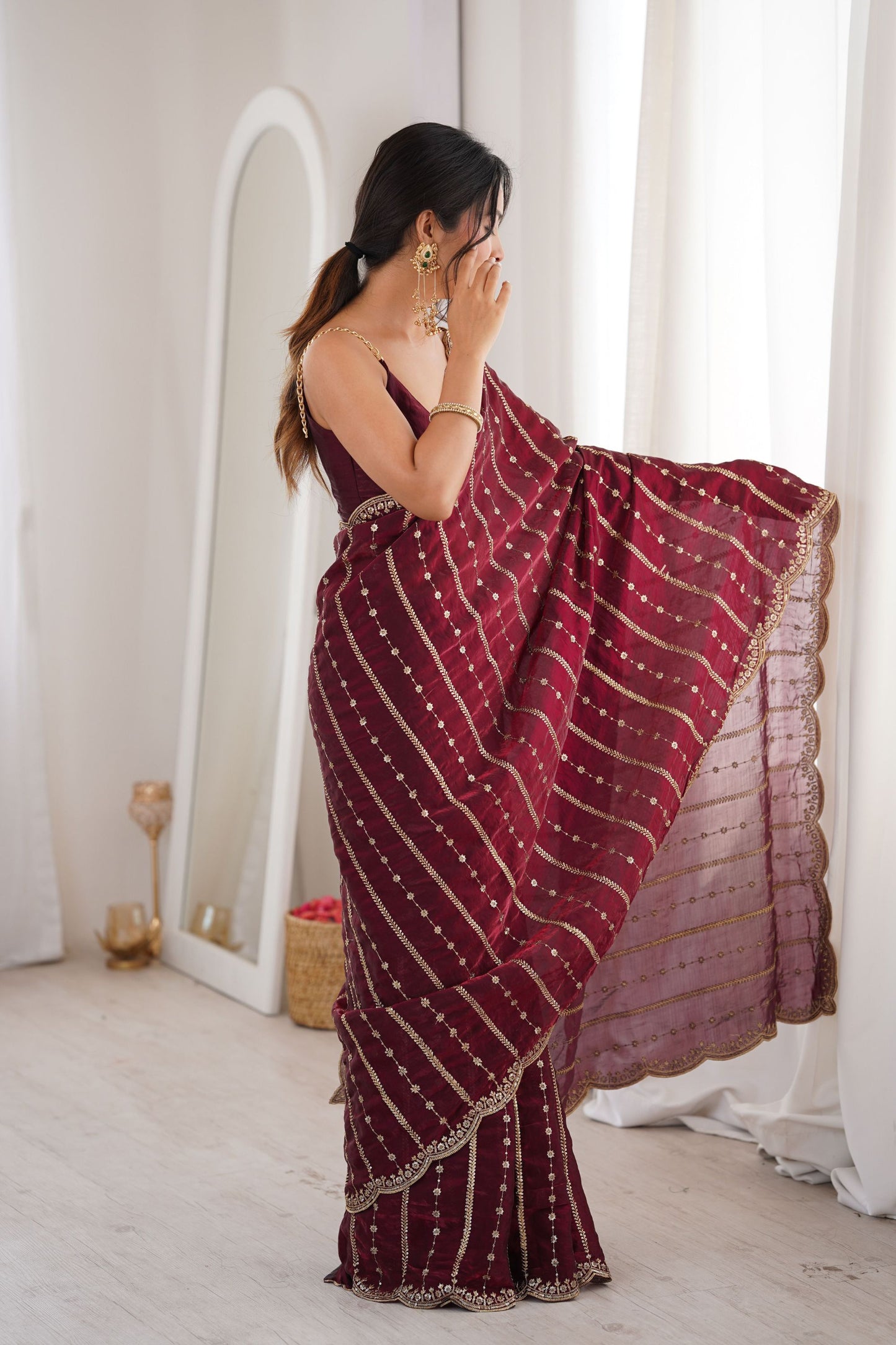 Wine Maroon Organza Silk Saree Golden Zari Embroidery Designer Blouse